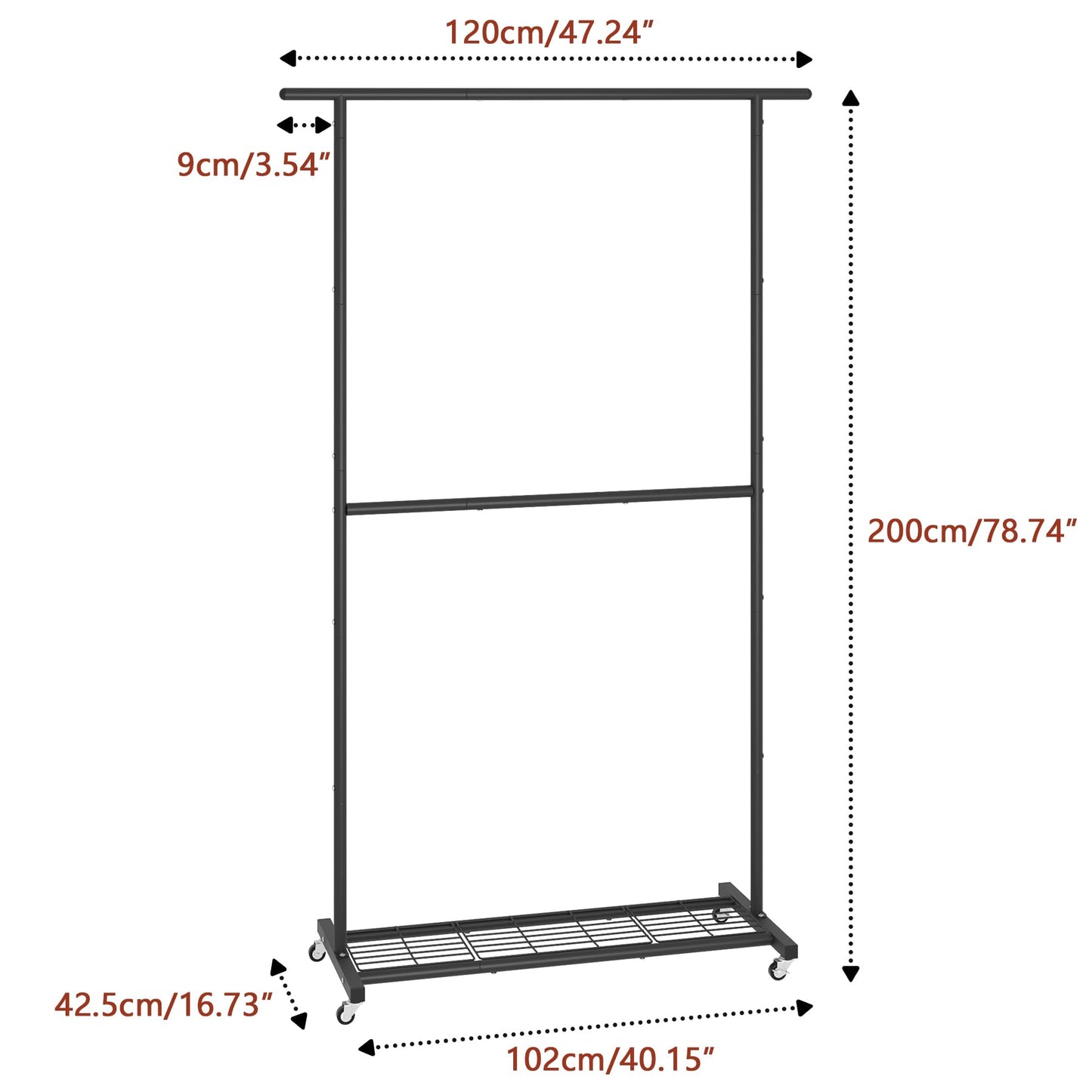 Sywhitta Double Rod Clothing Garment Rack, Rolling Coat Hanger with Bottom Mesh, Clothing Rack for Hanging Clothes, Coats, Skirts, Sweaters, Black