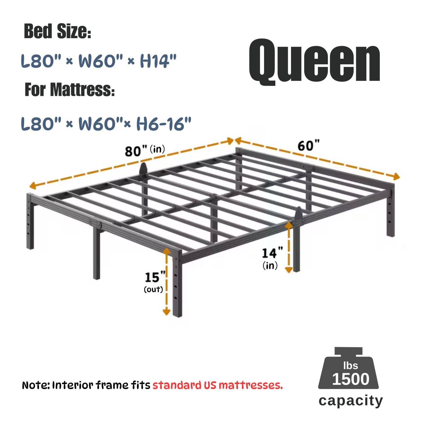 ZIYOO 14 Inch Metal Queen Bed Frame Mattress Anti-Slip Design, No Box Spring Needed, Easy Assembly, Noise-Free, Tools Included, Ideal for Bedrooms, Guest Rooms, Dorms, Hotels & B&Bs