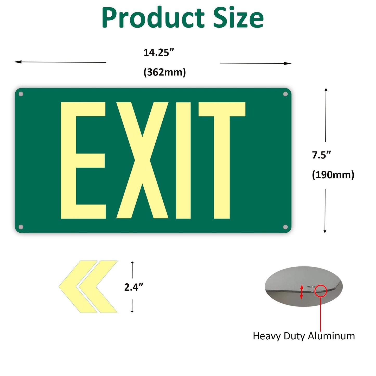 (2Pack) Photoluminescent Exit Sign, Glow In The Dark Aluminum Exit Sign Green - Adhesive Backing - 4pcs Removable Arrows Included - 14.25 x 7.5 Inches - Non Electrical Exit For 50 Feet Visibility