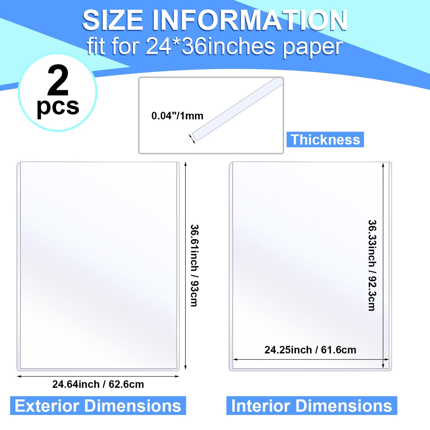 Sherr 2 Pcs Rigid Print Protectors Fit 24 x 36 Inch Poster Paper, Top Loading Page Protectors Plastic Poster Sleeves PVC Clear Sheet Holder to Display Photo Document Magazine Certificate