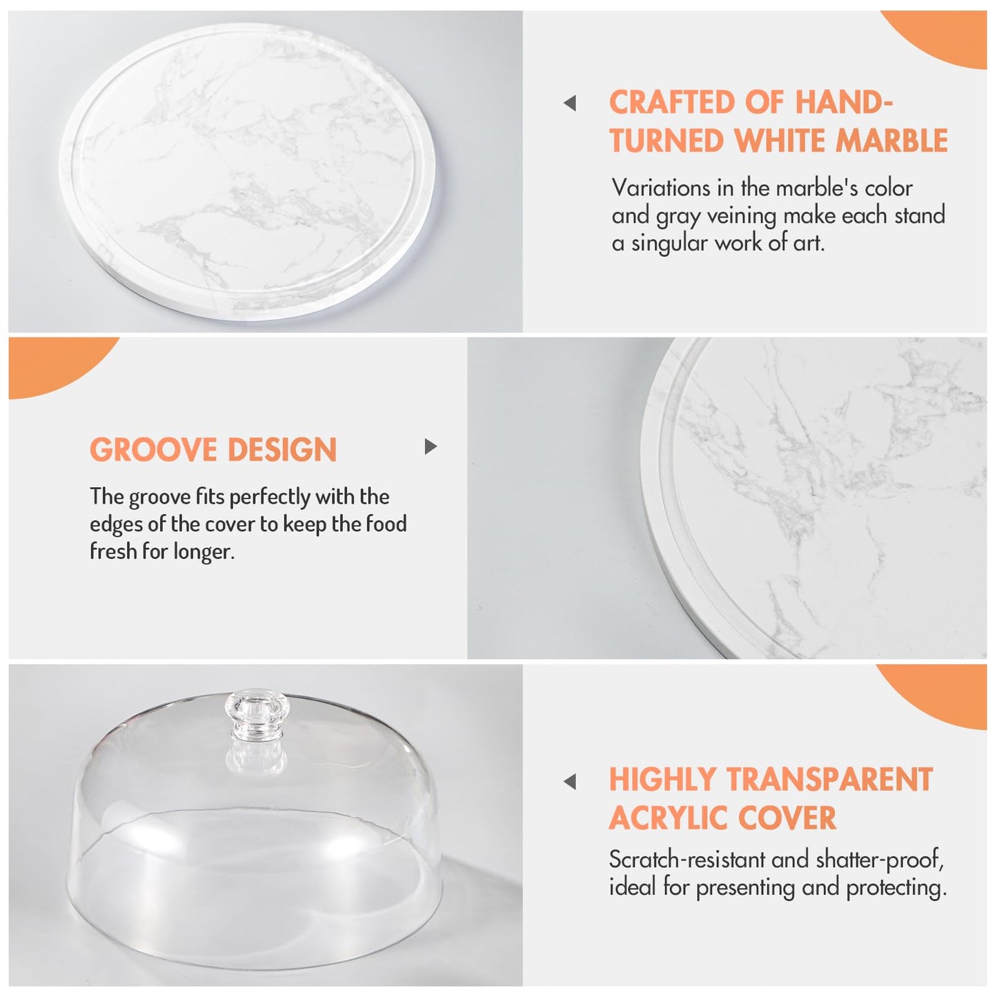 Marble Cake Stand with Dome，11.8in White Marble Dessert Stand with Acrylic Lid Cover，Heavy Duty Stone Serving Display Plate for Cakes，Cheese，Pastry，Stone Platter for Birthday/Kitchen/Party/Wedding