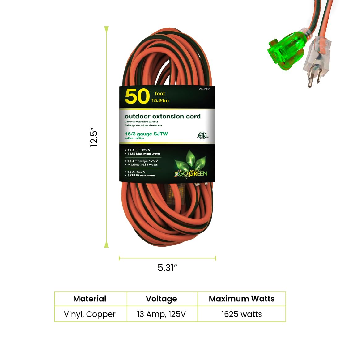 Power By GoGreen Go Green Power Inc. 16/3 50-Foot Outdoor Extension Cord - Heavy-Duty, Weatherproof, GG-13750