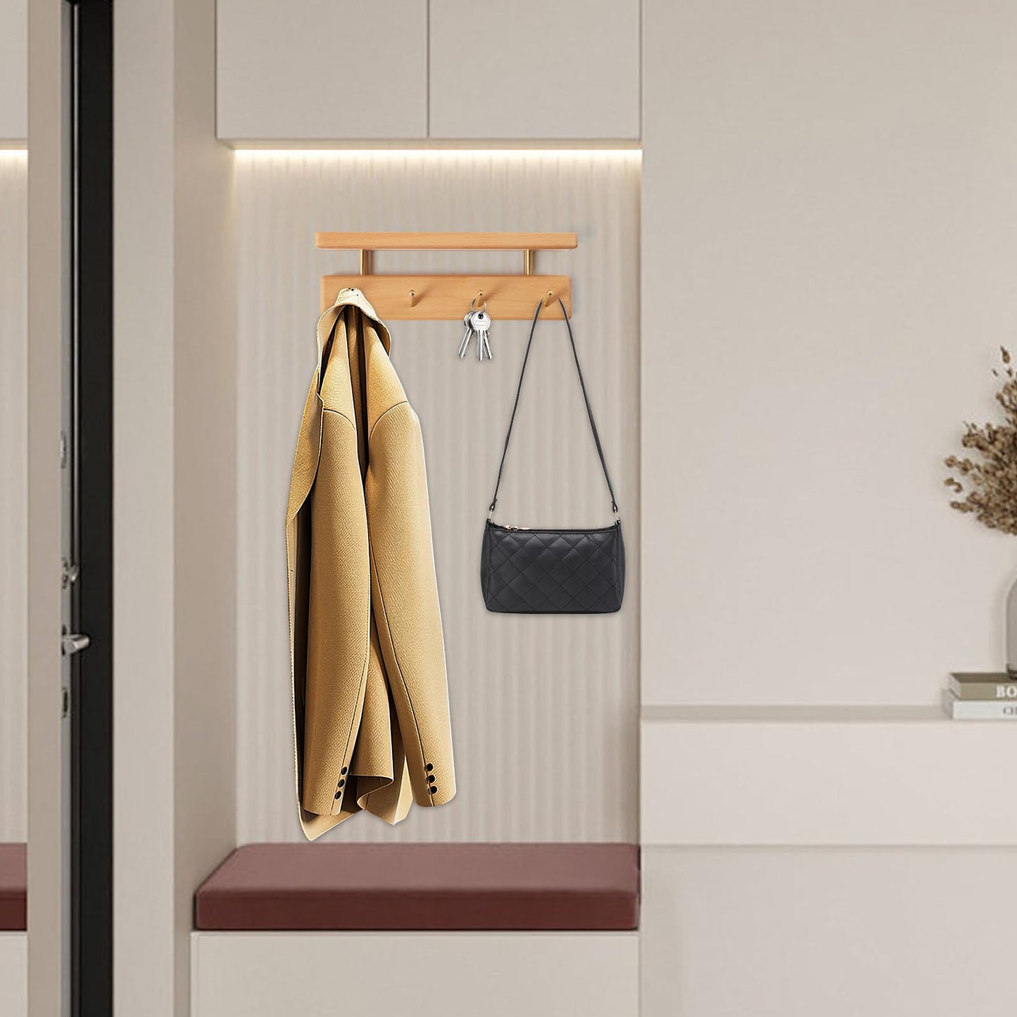 Mayhas Solid Wood Shelf with Hooks, 12 inch Coat Rack Wall Mount, Shelves with 4 Brass Hooks for Hanging in Entryway, Living Room, Bathroom, Bedroom, Kitchen(Beechwood)