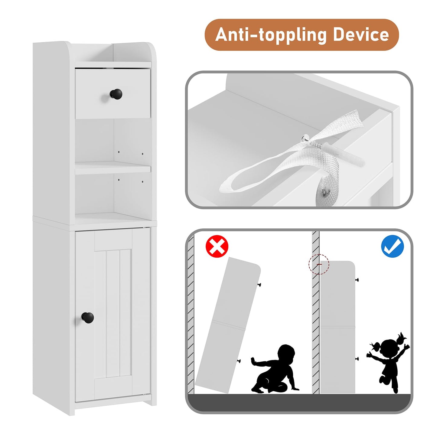 Lomojo Small Bathroom Storage Cabinet,Narrow Toilet Paper Holder,Corner Floor Cabinet with Doors and Drawer for Small Space,Adjustable Shelf Organizer,7.75L*7.75D*29.6H,White
