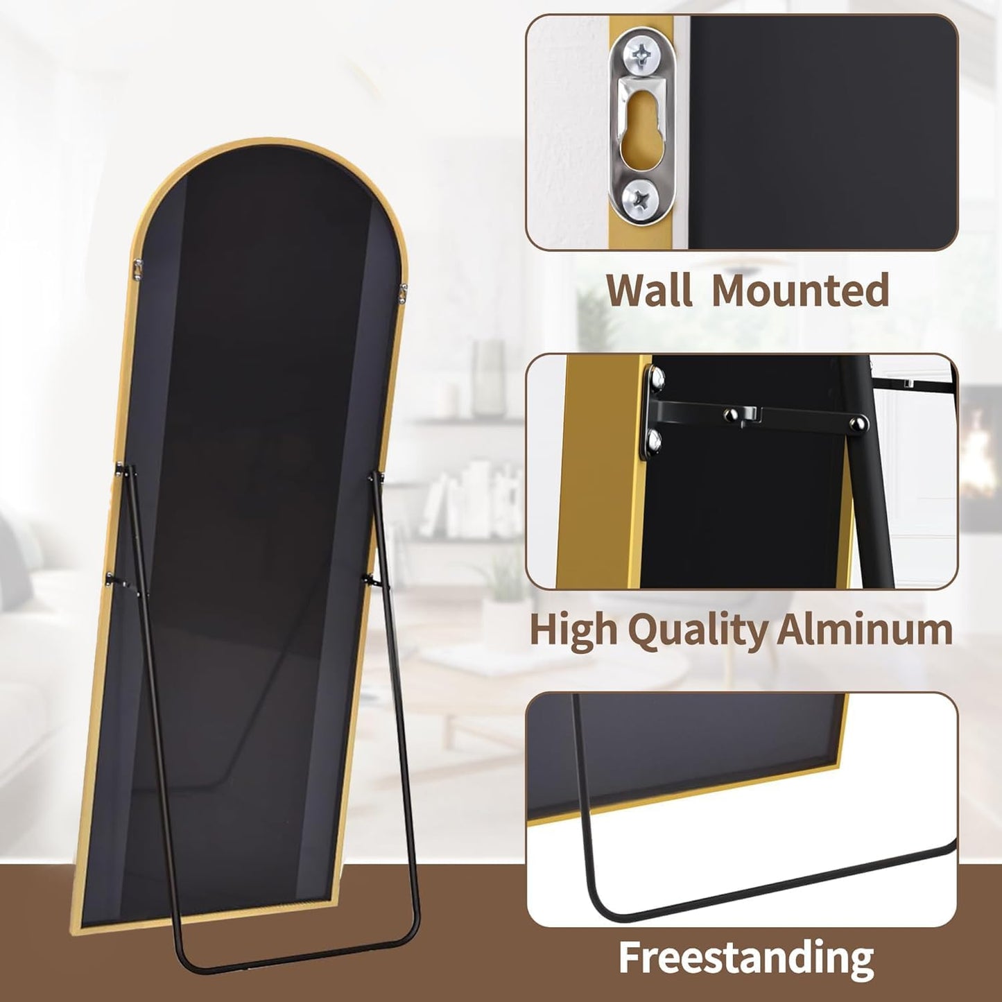 OGCAU Floor Mirror Full Length, 56"x20" Arched-Top Full Body Mirror, Hanging or Leaning, Standing, Wall Mirror with Aluminum Frame for Bedroom Living Room, Gold