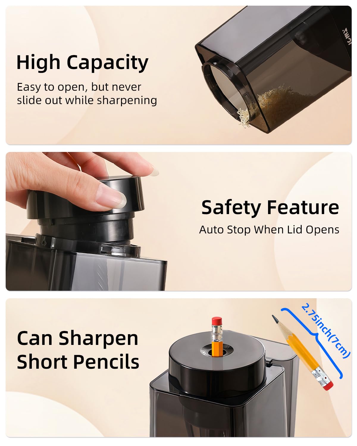ZMOL Fully Automatic Electric Pencil Sharpener, Hands-Free Auto in & Auto Eject, Rechargeable Colored Pencil Sharpener for 6-12mm Pencils, 5 Point Settings, Auto Stop, Classroom School Teacher