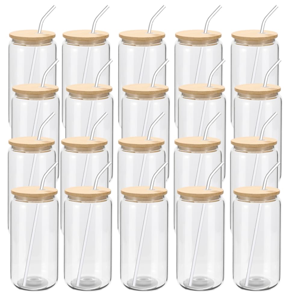 YOUKE OLA 20 Pack Glass Cups with Bamboo Lids and Glass Straw 16oz Beer Can Shaped Drinking Glasses Cups, Glass Tumbler Reusable Cute Cups for Whiskey, Iced Coffee, Tea, Soda, Cocktail, Gift, Clear