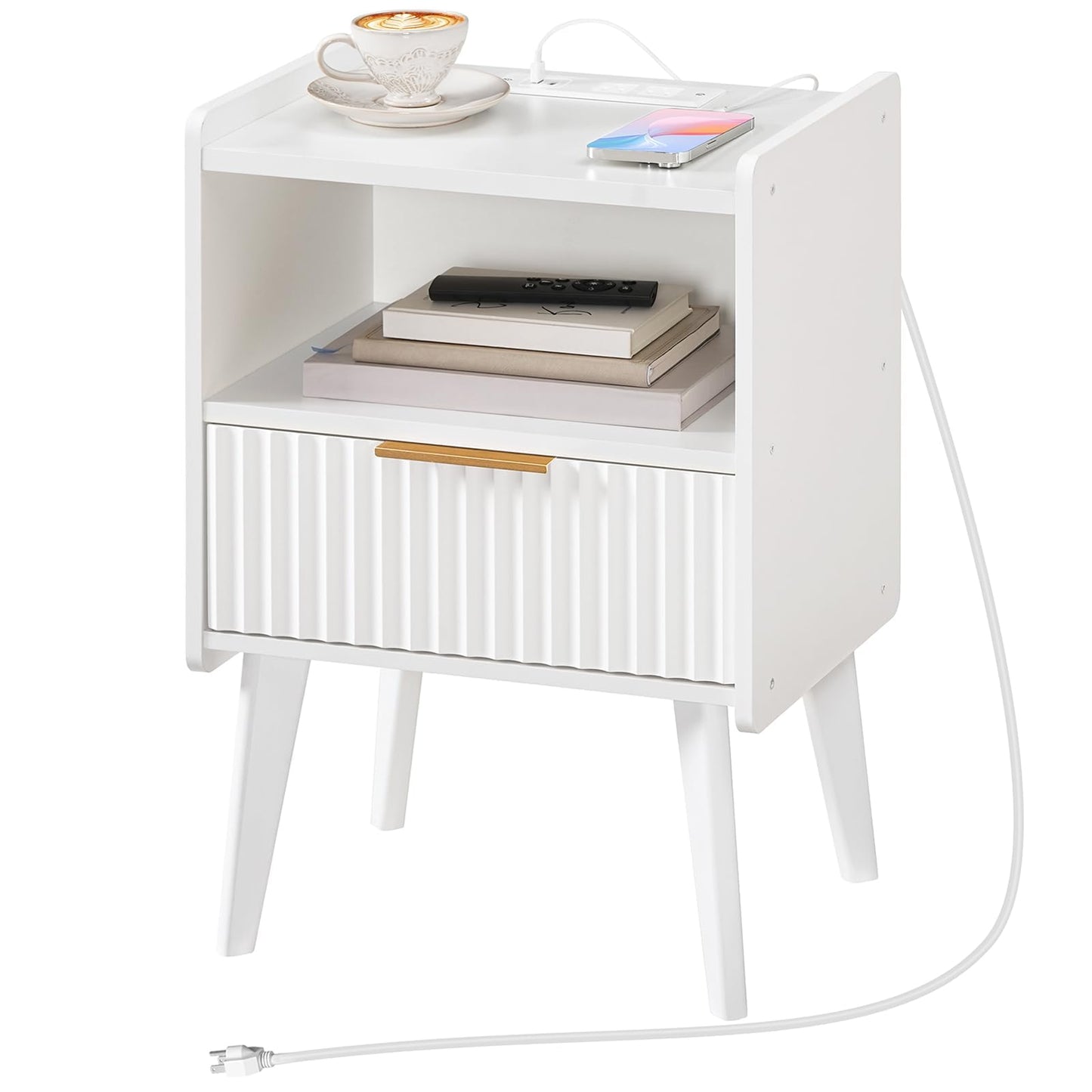 MAHANCRIS White Nightstand with Charging Station, Modern Bedside Table with Drawer and Storage Shelf, End Side Table with Solid Wood Legs, Night Stand, Living Room, Bedroom, Small Space, ETWT61E01N1