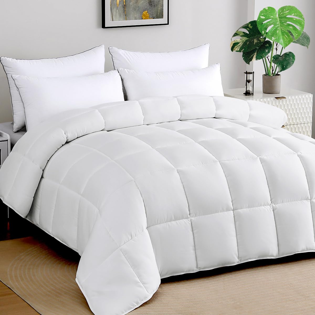 Oversized King Comforter 120x98, Extra Large Super King, Spring Lightweight Soft Quilted Down-Alternative Duvet Insert, Fluffy Breathable Microfiber with 8 Corner Tabs, All Season Bedding White