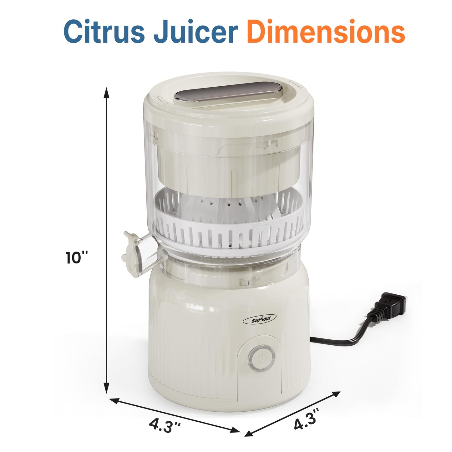 SUNVIVIPRO Electric Citrus Juicer, 90W High-Speed Juice Squeezer with 15,000 RPM Pure Copper Motor, Efficient Orange and Lemon Juicer for Soft Fruits, Compact Design with Easy Cleaning, White