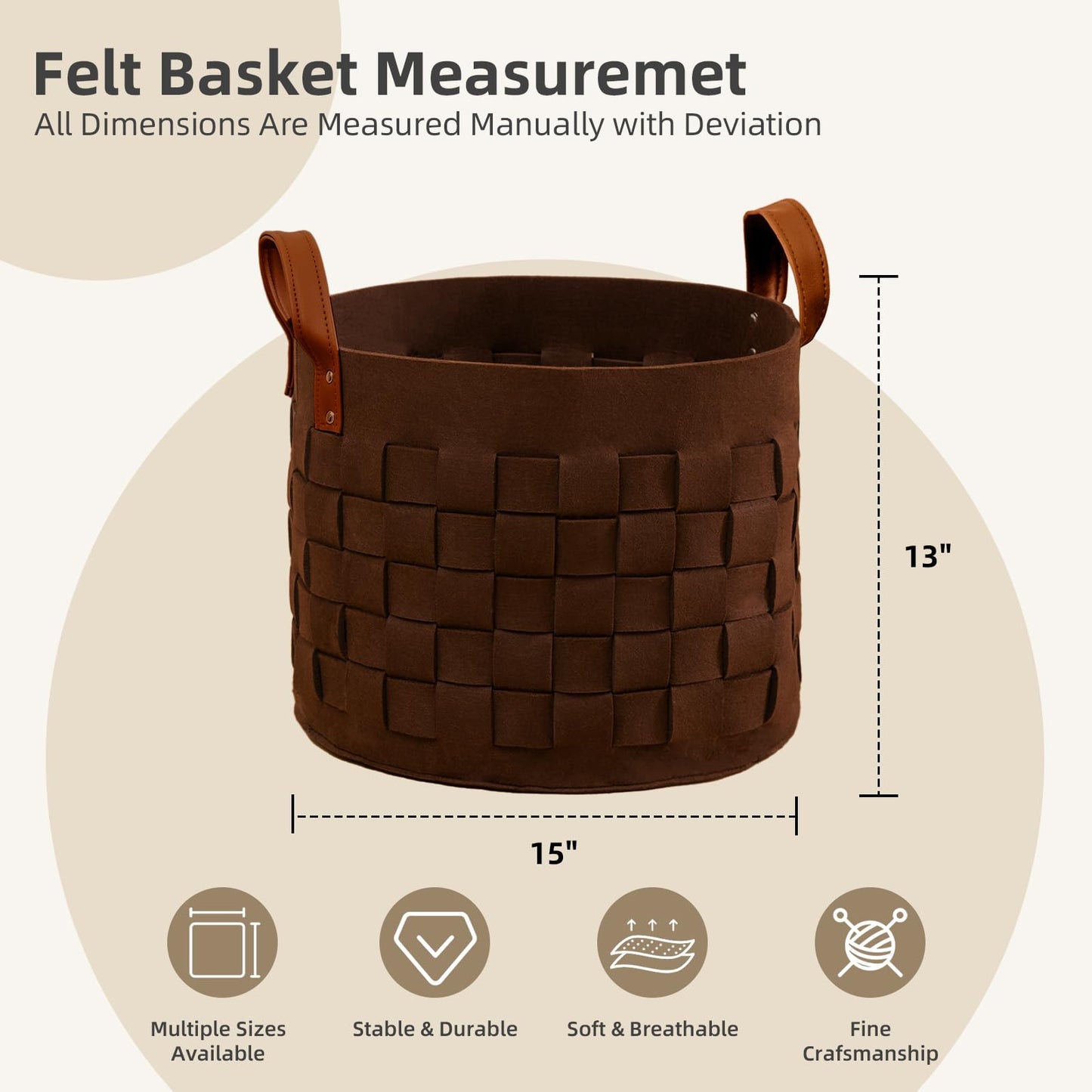 boldmonkey Blanket Basket 15 " x15 x13 2 Pack, Fabric Large Basket with Leather Handle, Dirt Clothes Laundry Basket Round for Babies, Dogs and Living Room-Brown