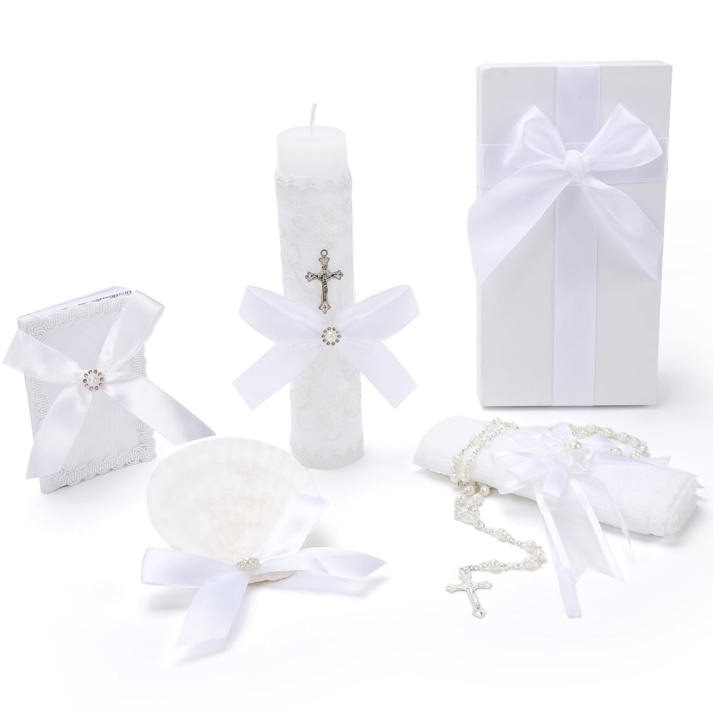 Baptism Candle Set for Boys and Girls,White 5 PCS Baptism Kit Catholic Candle,Baptismal Towel,Shell,Rosary,Bible for Baptismal Christening First Communion Gift,Velas para Bautizo De Niño o Niña