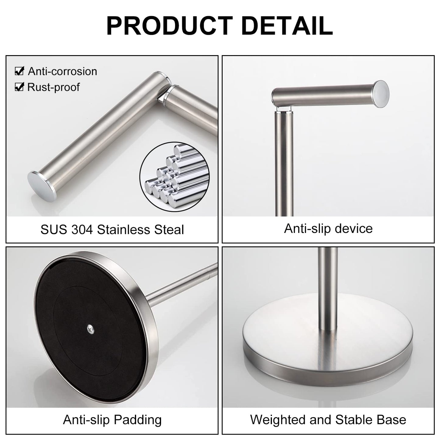 BGL Toilet Paper Holder Standing On Floor, Brushed Nickel, Tissue Holder On Floor with Reserve Storage Paper Rolls, Free-Standing Roll Paper Holder