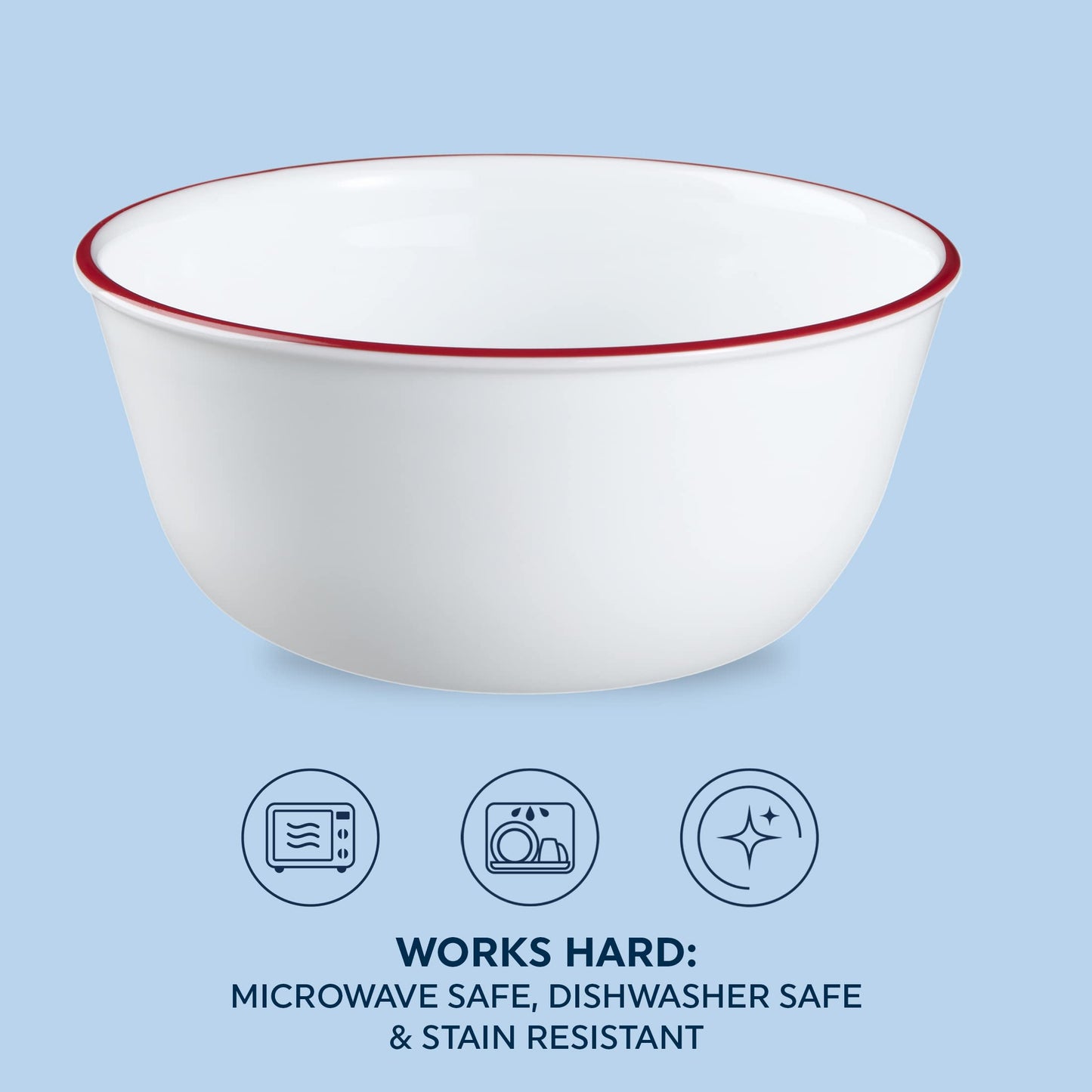 Corelle Vitrelle Glass 6-PC Bowls Set, For Soup Cereal & Dessert, Chip-Resistant & Lightweight Bowl Dinnerware Set, Red Banded 28 OZ