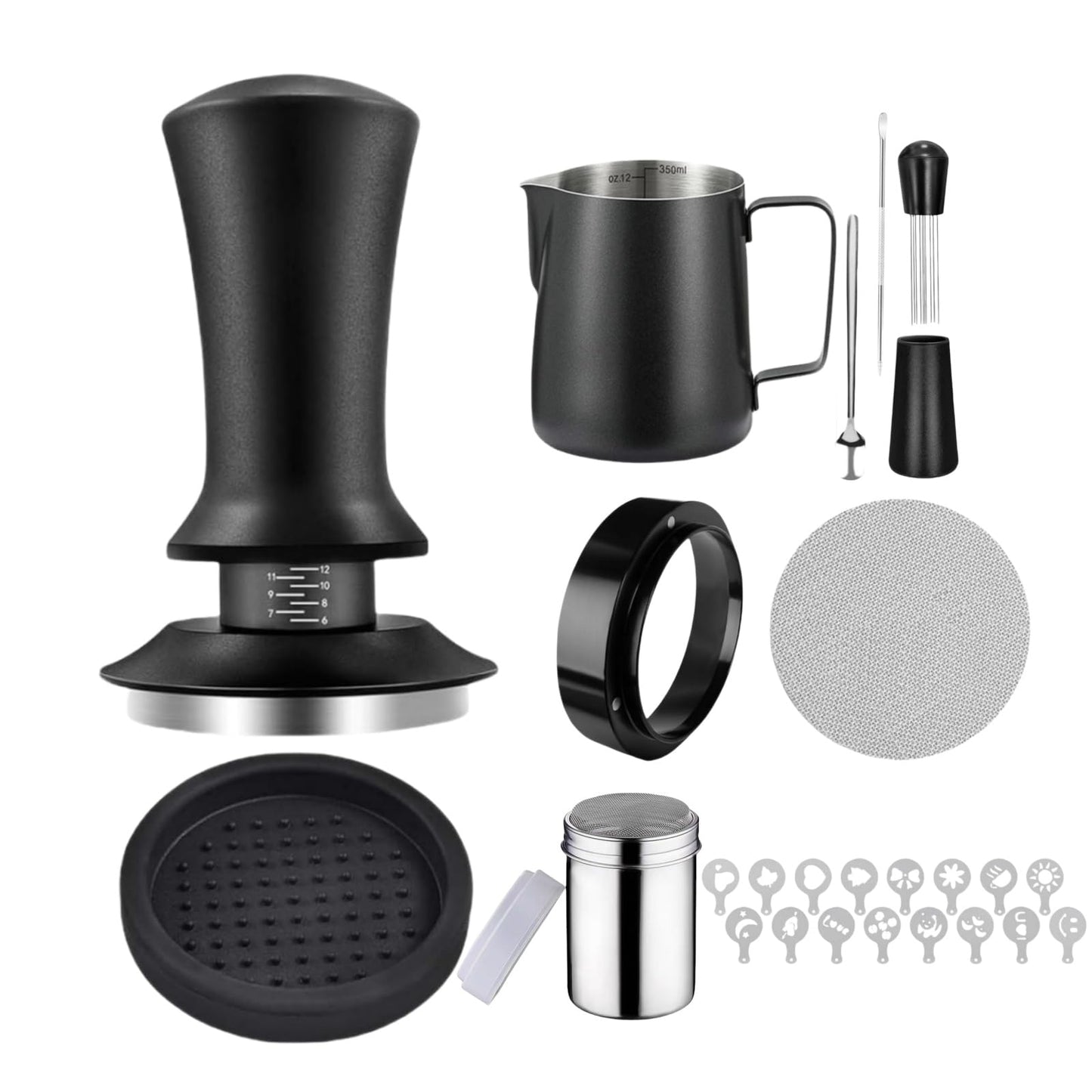 Midochin 25PCS Espresso Accessories Kit - 51mm Spring Loaded Coffee Tamper Set, WDT Tool, Tamper Mat, Coffee Stirrer, puck screen, Frothing Pitcher, Art Pen, Dosing Funnel, Sprinkler Powder, Stencils