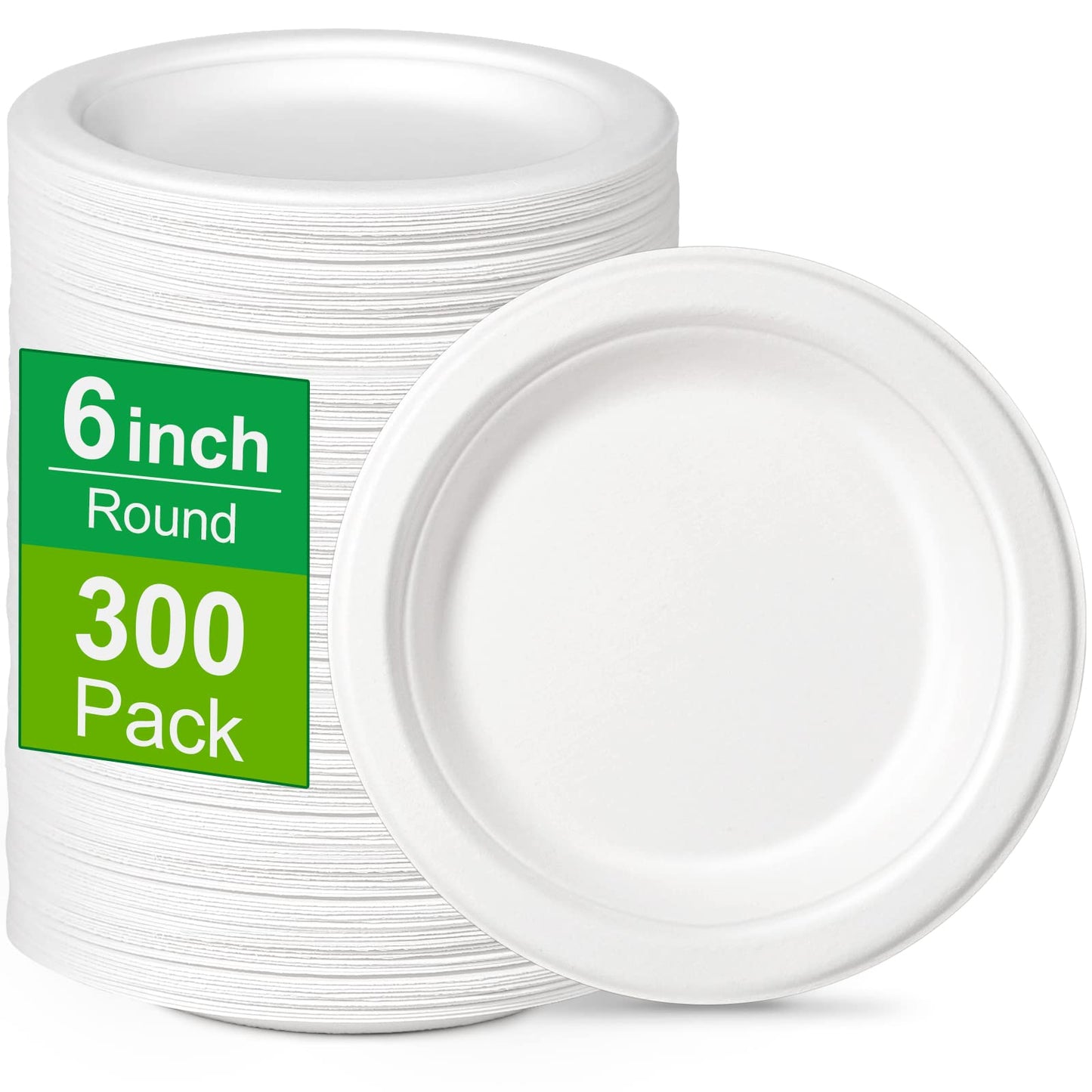 Greconv 300 Pack 6 inch Paper Plates, Small Paper Plates Bulk, Disposable Dessert Paper Plates, Compostable Plates Made from Sugarcane Fibers, Recycled Plates, White