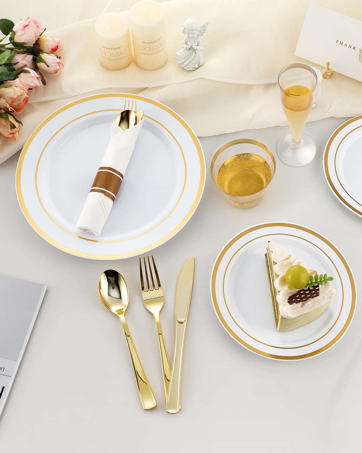Goodluck 320PCS Gold Disposable Plastic Dinnerware Set for 40 Guests, Include 40 Dinner Plates, 40 Dessert Plates, 40 Napkins with Silverware, 40 Cups, 40 Champagne Glasses, for Christmas, Wedding