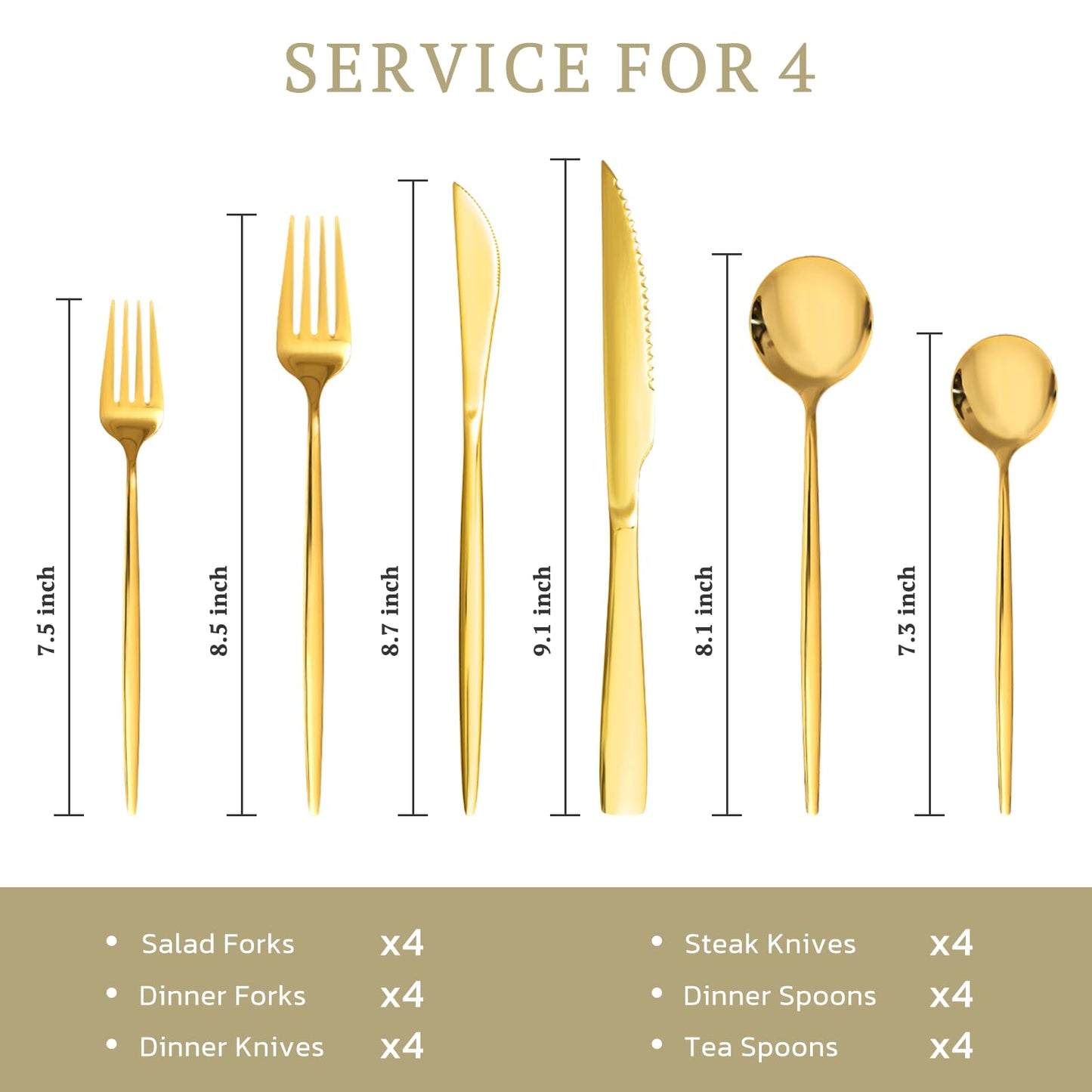 Astercook 24-Piece Gold Silverware Set with Steak Knives Flatware Set for 4 Food-Grade Stainless Steel Cutlery Set Mirror Polished Utensils Set Include Spoons and Forks for Home Kitchen Restaurant