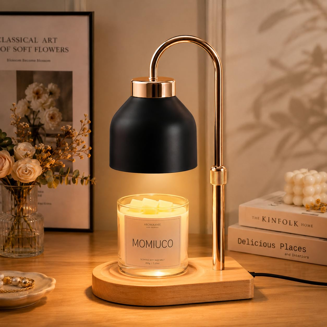 MOMIUCO Candle Warmer Lamp with Timer and Dimmer, Height Adjustable Wax Melt Warmer for Jar Candles, Modern Retro Black Glass Shade with Wood Base, Aesthetic Home Decor, Birthday Gifts for Women Mom