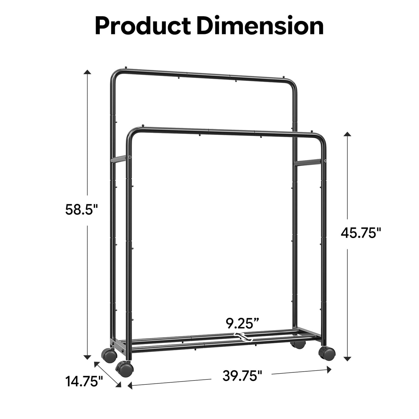 Simple Trending Clothing Clothes Rack Double Rods with Wheels, Rolling Metal Garment Rack for Hanging, Black