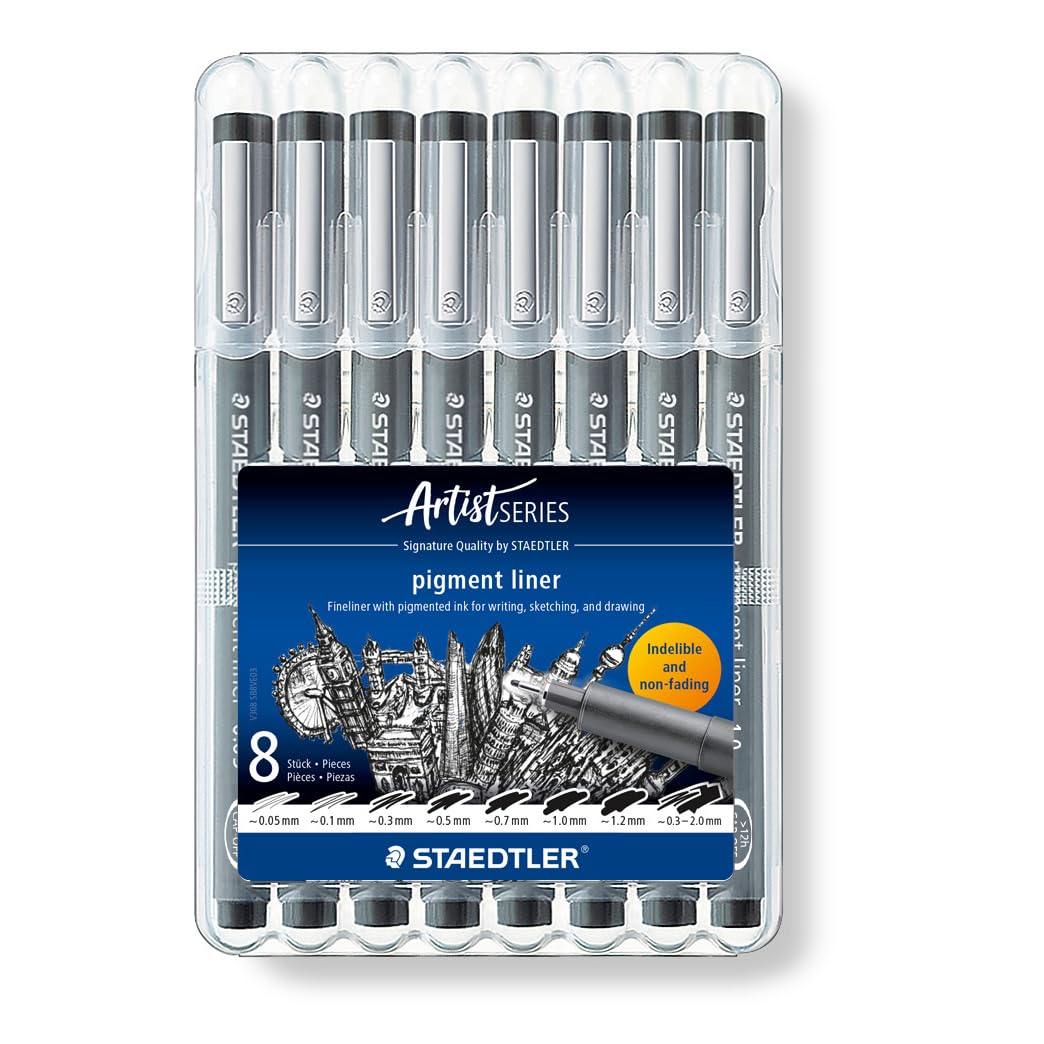 STAEDTLER 308 SB8 Pigment Liner Pens - Assorted Line Widths, Black (Set of 8)