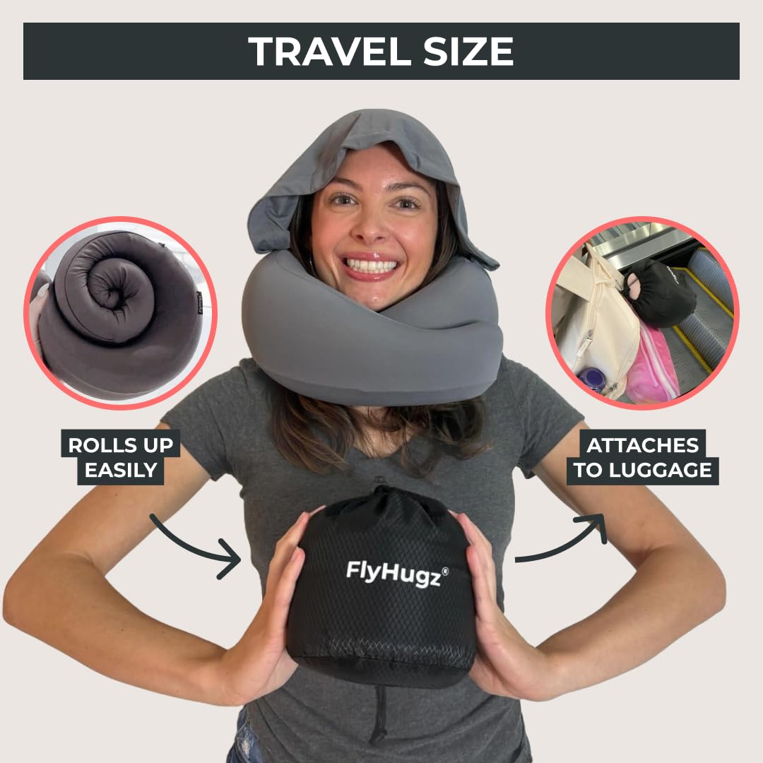 FlyHugz® 2.0 Hooded Travel Pillow – 2026 Original Release – Memory Foam Neck Pillow with Adjustable Hood & Premium Elastic Washable Cover – First Class Comfort for Flights, Road Trips & Sleep-Gray.