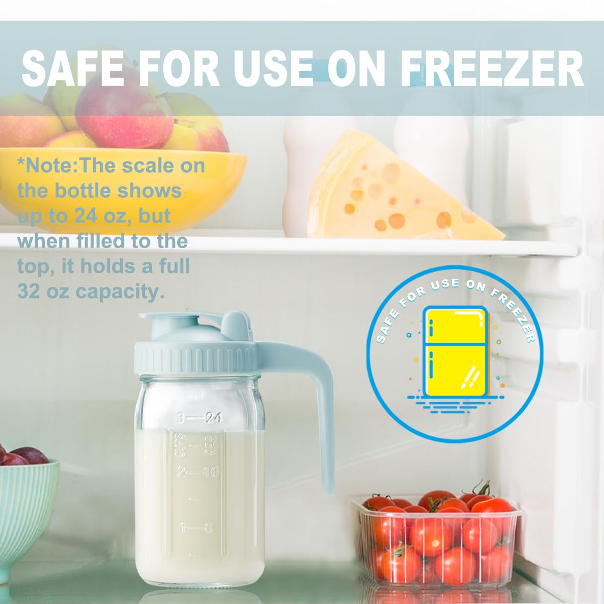 32oz Glass Pitcher with Lid & V-shaped Pour Spout - 1 Quart Double Leak Proof, Creamer Container for Sun Tea, Juice, Cold Brew Coffee, Breastmilk Storage Container
