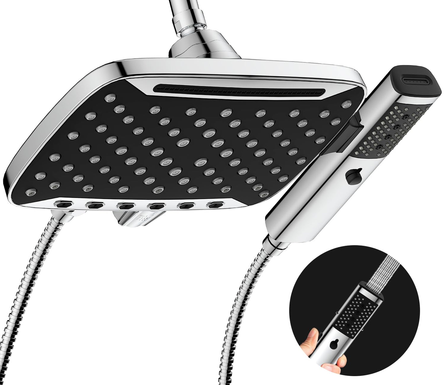 High Pressure Rain Shower Head, 7 Spray Modes Rain Shower Heads with Handheld Spray Combo, Dual Showerhead with 10 Inch Rainfall Spray, Detachable Hand Held Shower, Stainless Steel Hose, Power Wash