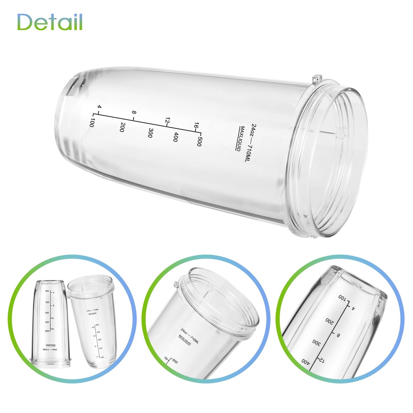 MEET JUICE Blender Replacement Parts Compatible with Ninja Auto-iQ Blenders, 24oz Cups with Lids and 7-Fin Extractor Blade for BL480 BL640 BL642 Series (Compatible with 7-Fin Systems Only)