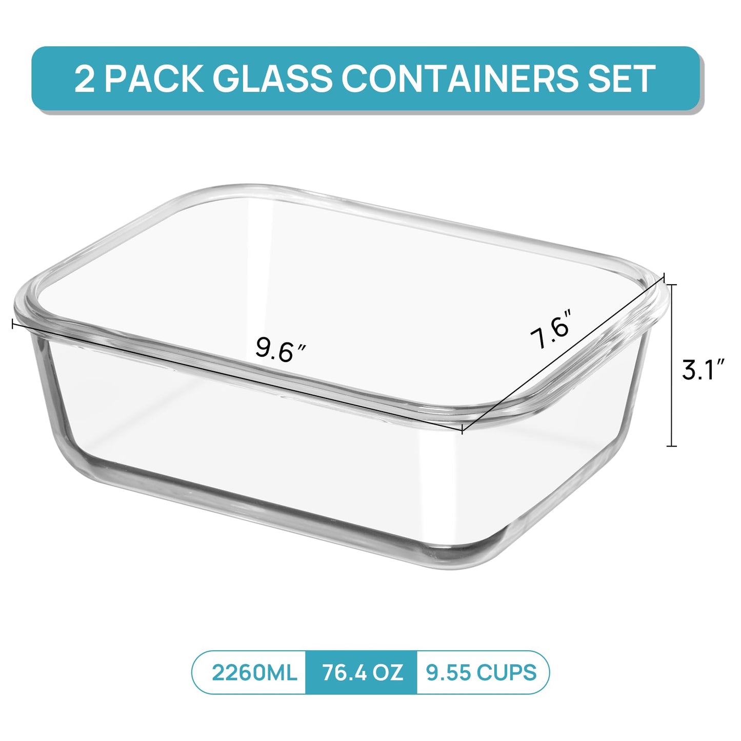 Vtopmart 2Pack 2260ml/ 76.4oz Large Glass Storage Containers with Lids, Meal Prep Food Container Set with Snap Airtight Lid for Baking, Microwave, Oven, Leak Proof, for Freezer, Dishwasher, Blue