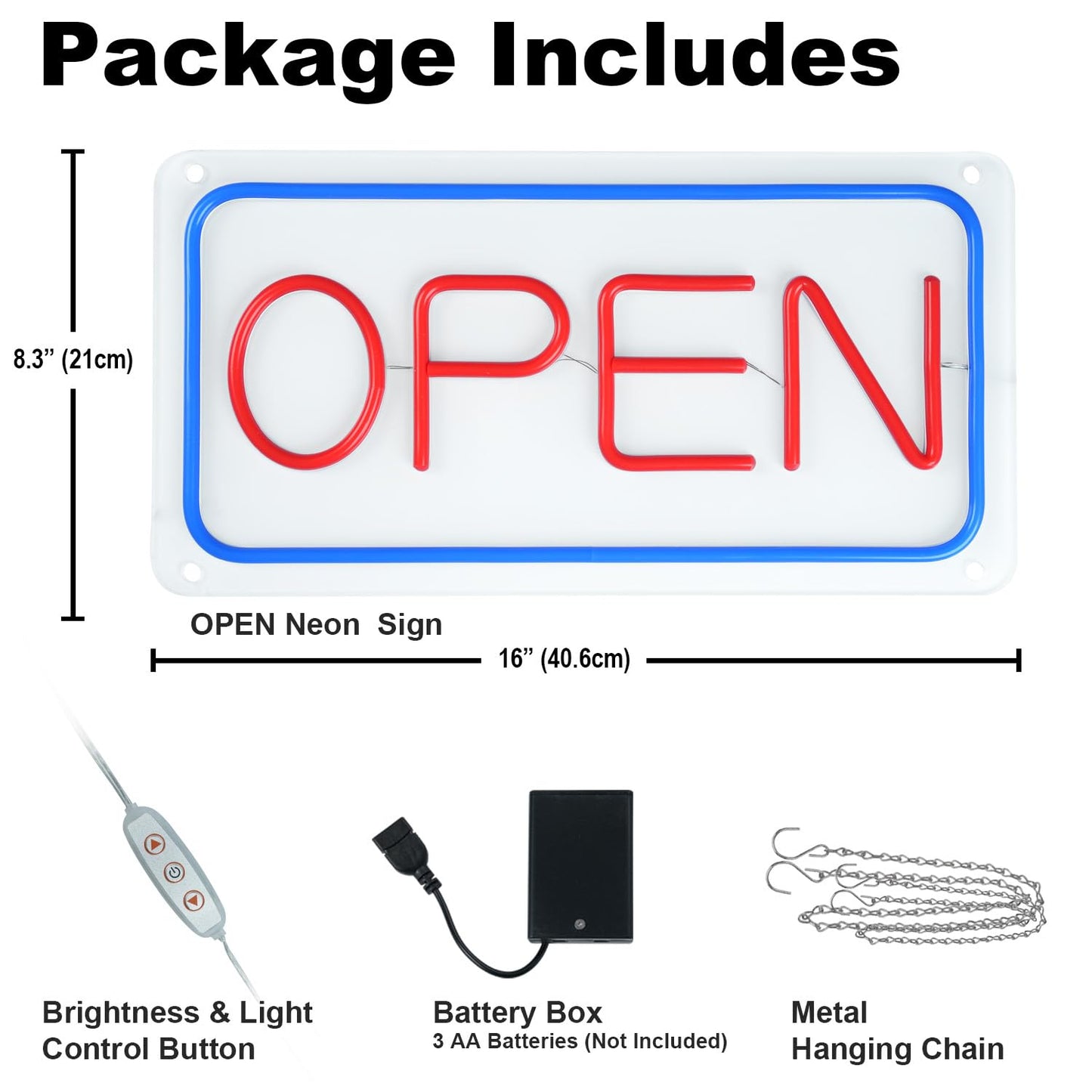 iDecoMart 16 Inch LED Open Sign, Ultra Bright 5 Modes Neon Open Sign with 5 Levels Dimmable, USB & Battery Powered Light Up Sign for Business Window Storefront Cafe Bar