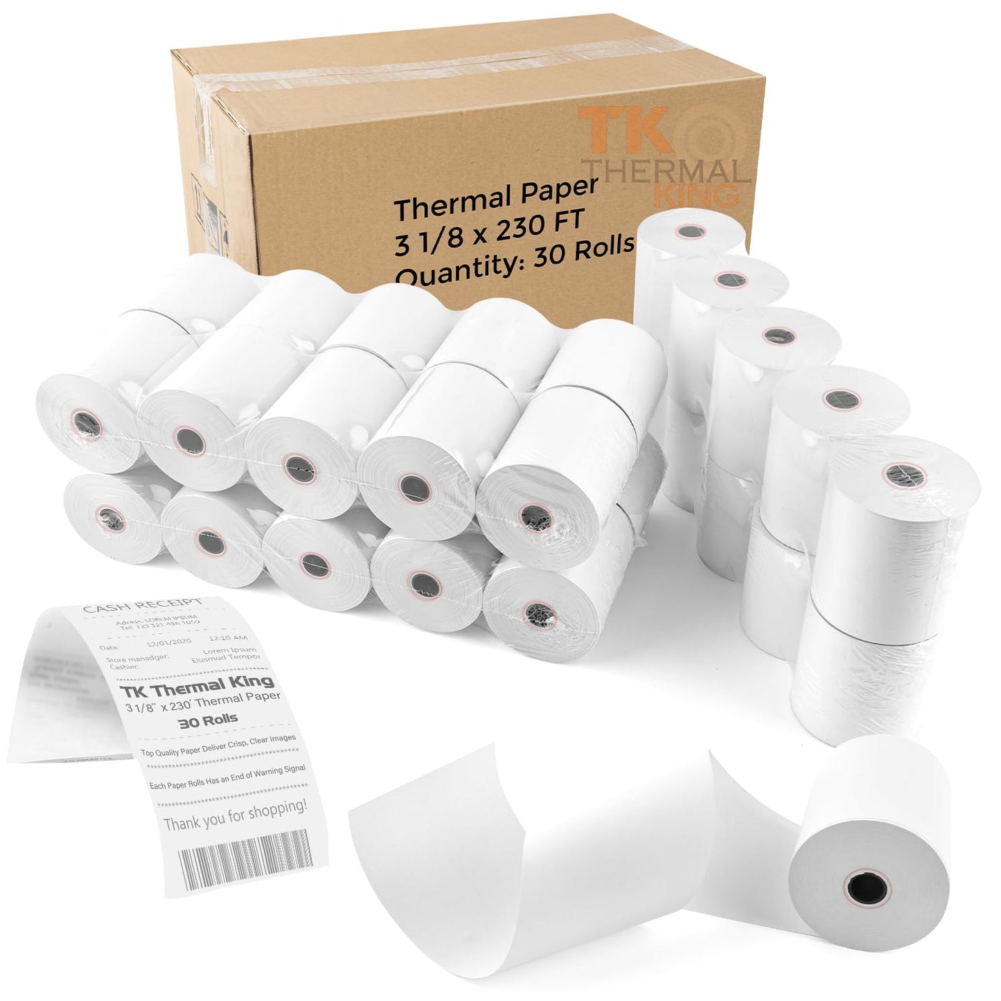 TK Thermal King, (30 Rolls) 3 1/8" x 230' Thermal Paper, POS Receipt Paper for Retail Business Cash Register, Fits Most Credit Card Terminal Point Of Sale