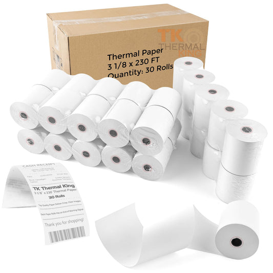 TK Thermal King, (30 Rolls) 3 1/8" x 230' Thermal Paper, POS Receipt Paper for Retail Business Cash Register, Fits Most Credit Card Terminal Point Of Sale