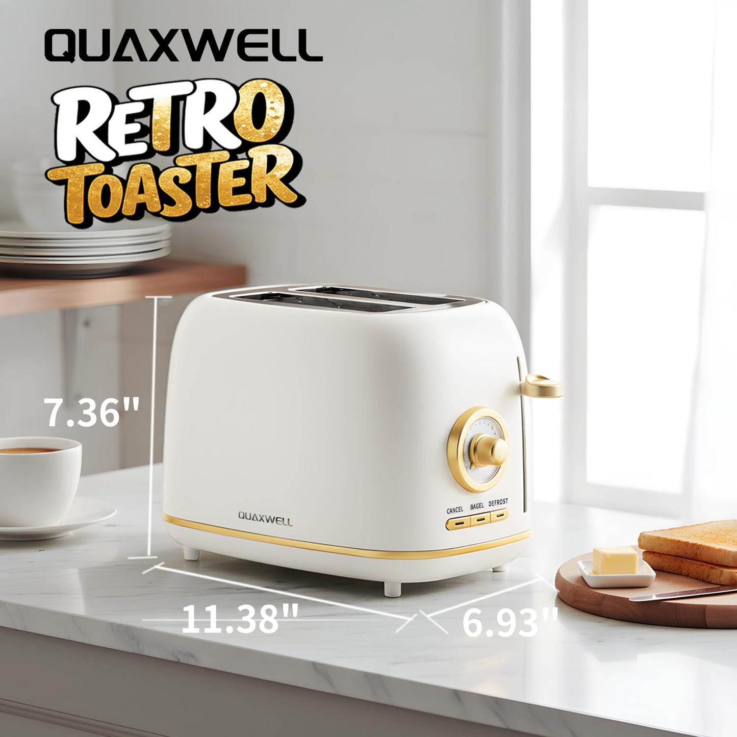 QUAXWELL 2-Slice Toaster, Wide Slots, 7 Bread Shade Settings, Stainless Steel, Bagel, Cancel, and Defrost Functions, Removable Crumb Tray, Retro Style Toaster,Matte White and Gold