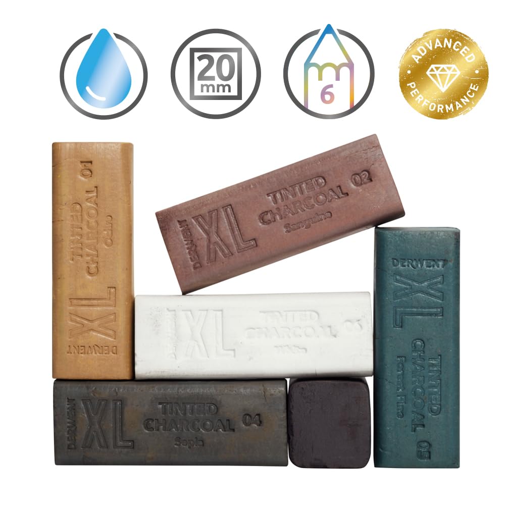 Derwent Tinted Charcoal XL Blocks 6 Tin, Set of 6, 60mm Extra-Large Block, Naturally Water-soluble, Ideal for Sketching, Drawing and Expressive Mark Making, Professional Quality (2306177)