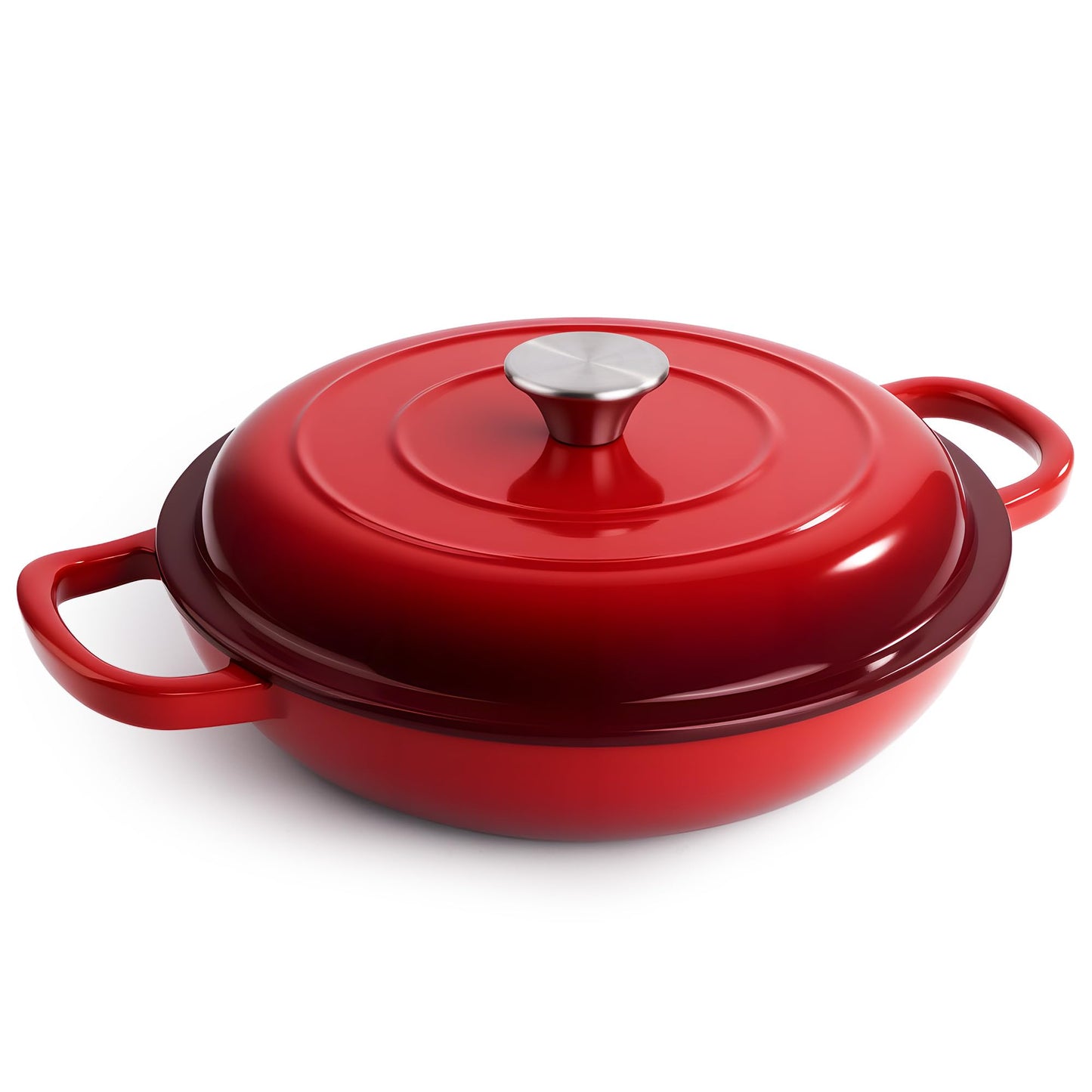 3 Quart Enameled Cast Iron Braiser, Non Stick Enameled Cast Iron Skillet with Lid, Dutch Oven Skillet with lid up to 500°F for Oven, Stove, Grill, Shallow Dutch Oven for Cook, Bake (Red)