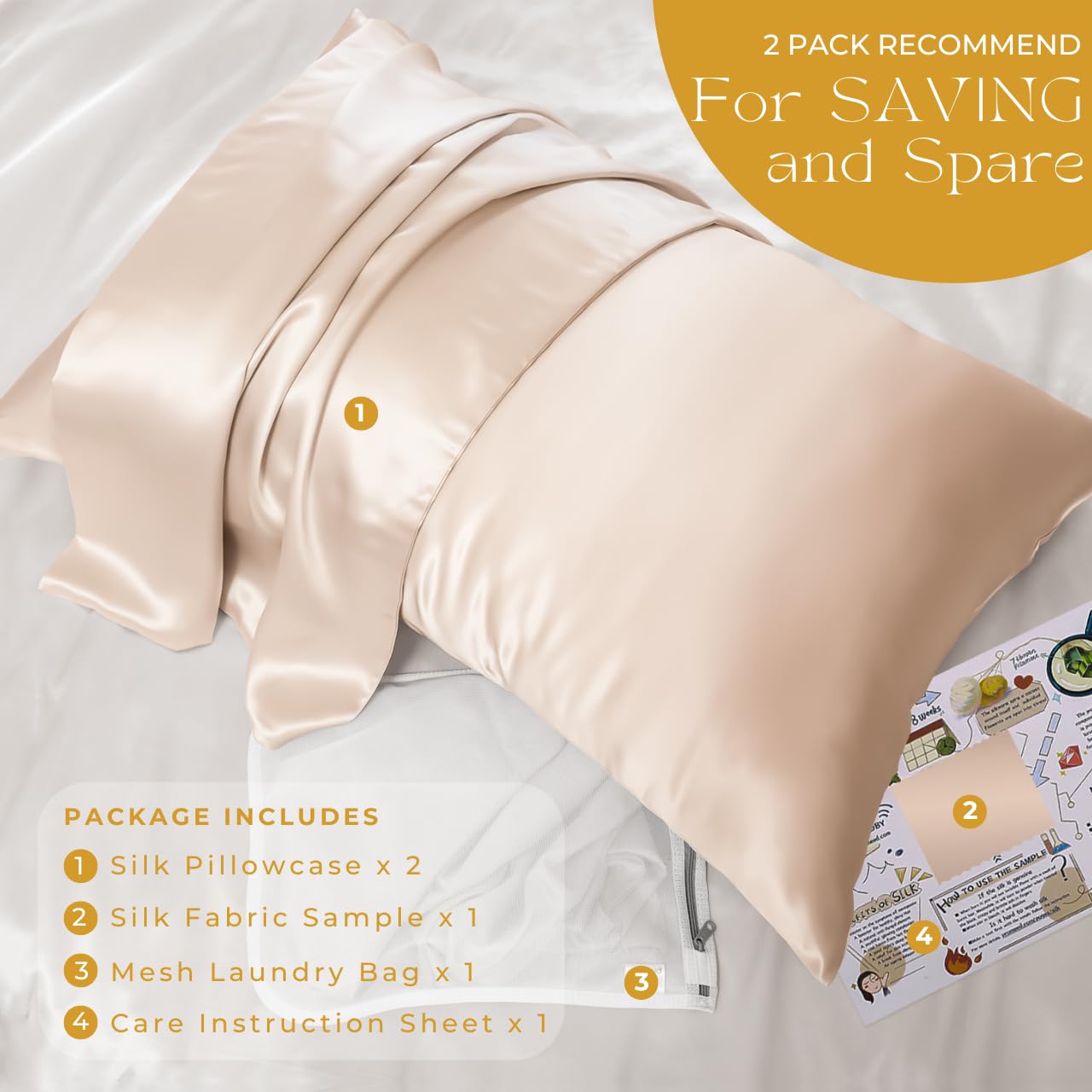 PROMEED 23 Momme Silk Pillowcase 2 Pack with Zipper, 3rd Gen Grade 6A+ 100% Mulberry Silk Pillow Case Set of 2, Cooling Pillow Cases for Hot Sleepers (Standard 20"x26", Champagne)