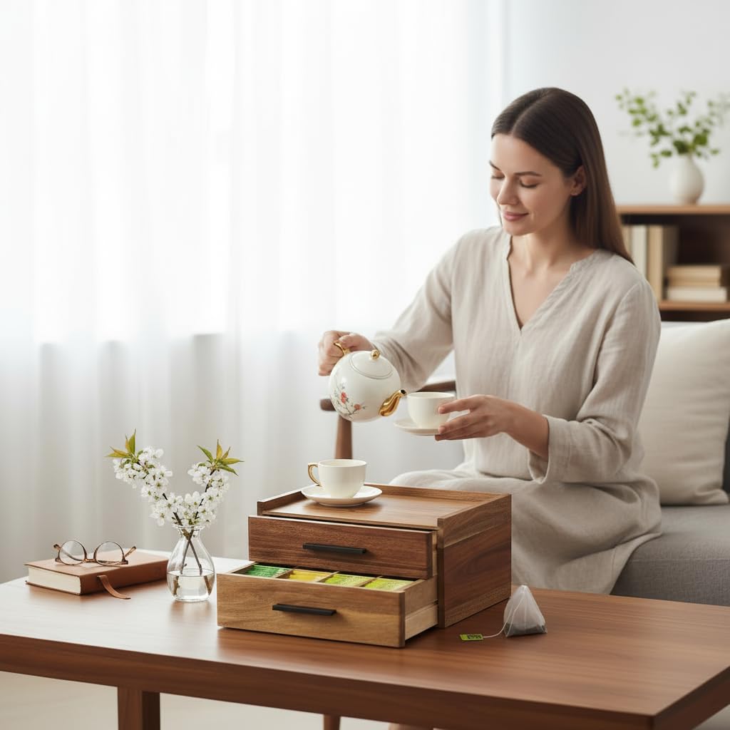Acacia Wood Tea Bag Organizer with Gift Box, Double-Drawer Tea Box - Tea Accessories for Tea Organizer and Storage Box, Tea Station Chest Caddy for Countertop Cabinet Office(21-Compartment)