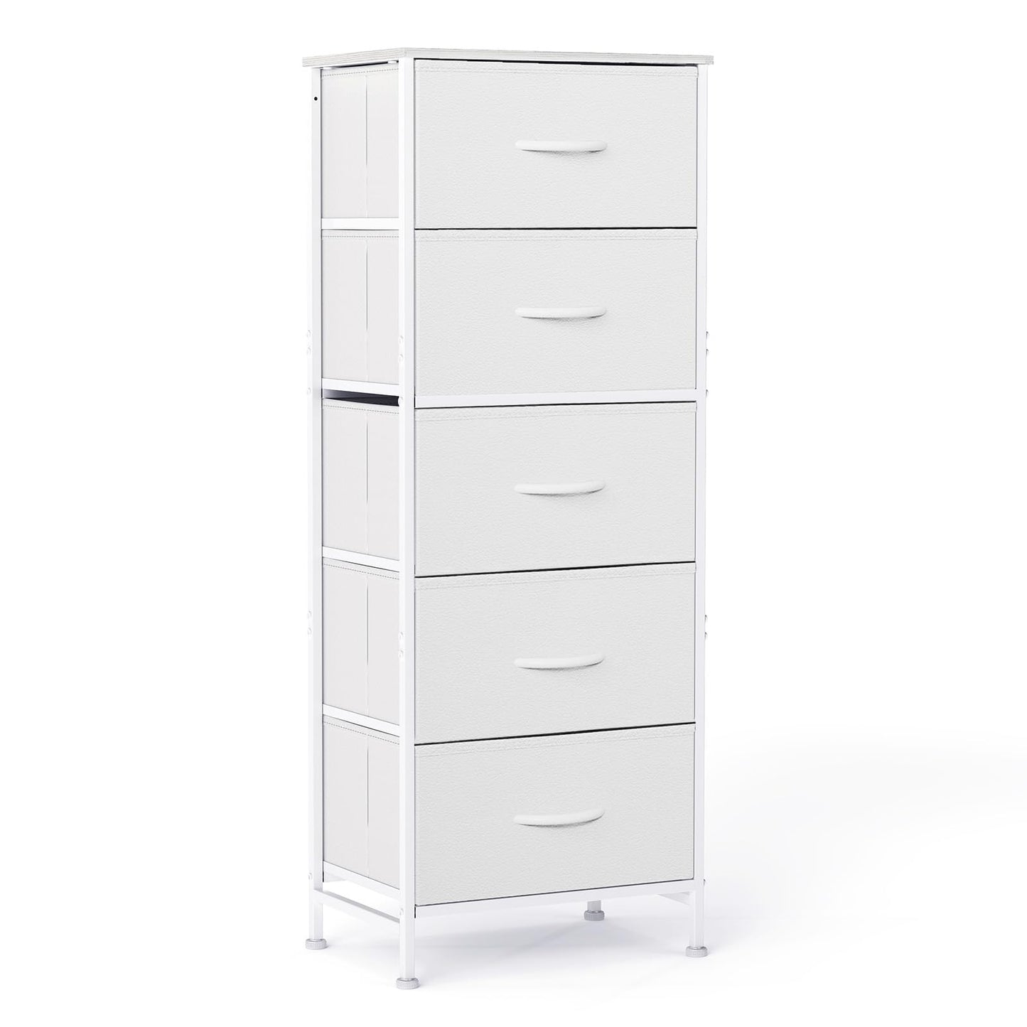 Sweetcrispy 5 Drawer Dresser with Fabric Bins Steel Frame Wood top Storage Chest for Bedroom Closet Hallway White Compact Organizer Durable Home Storage Solution