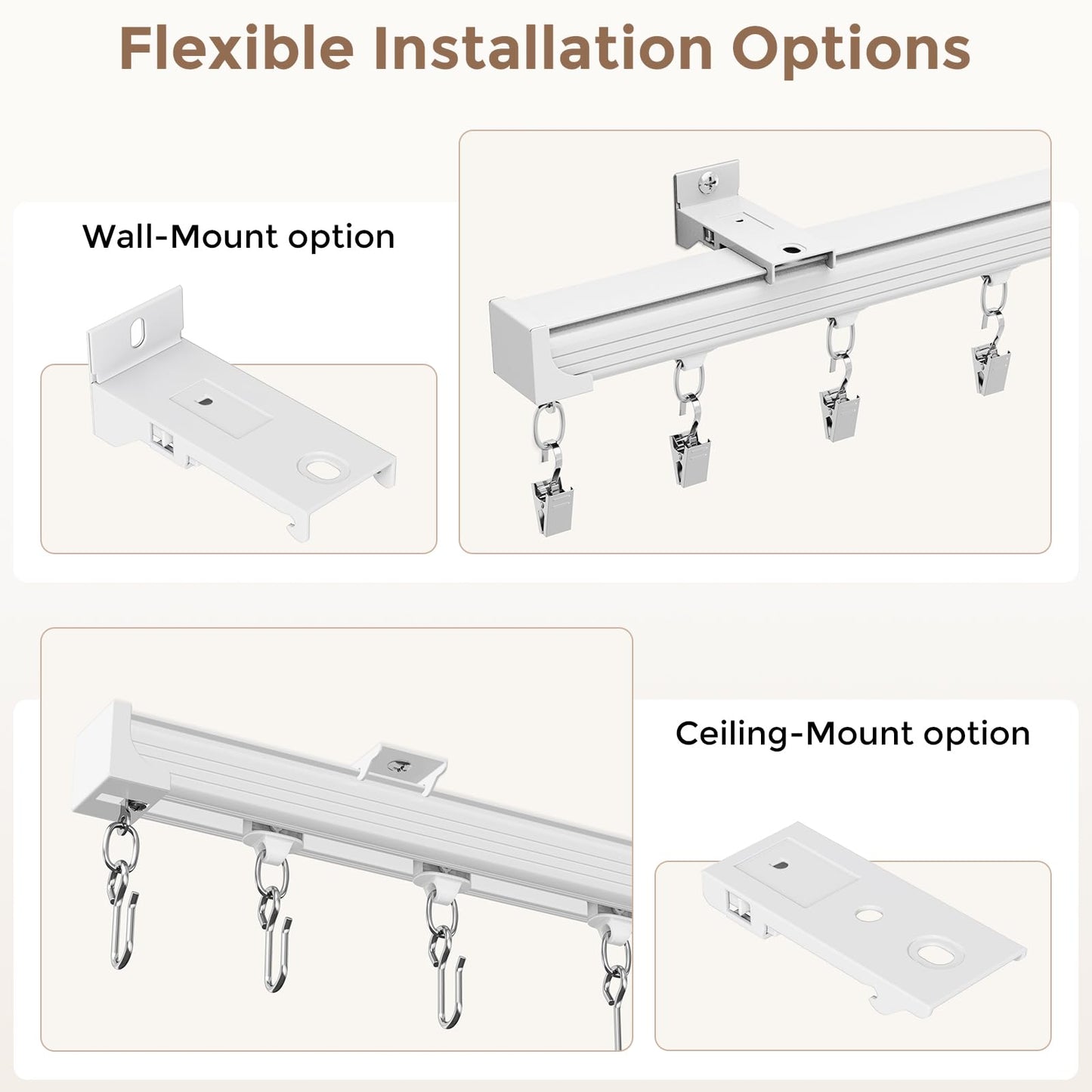 Ceiling Curtain Track 6–9 ft White - Heavy Duty Ceiling/Wall Mount Curtain Rail/Rod System, 30 Quiet-Glide Rollers, 30 Hooks, 30 Clips, Room Divider for Living Room, Bathroom or Hospital