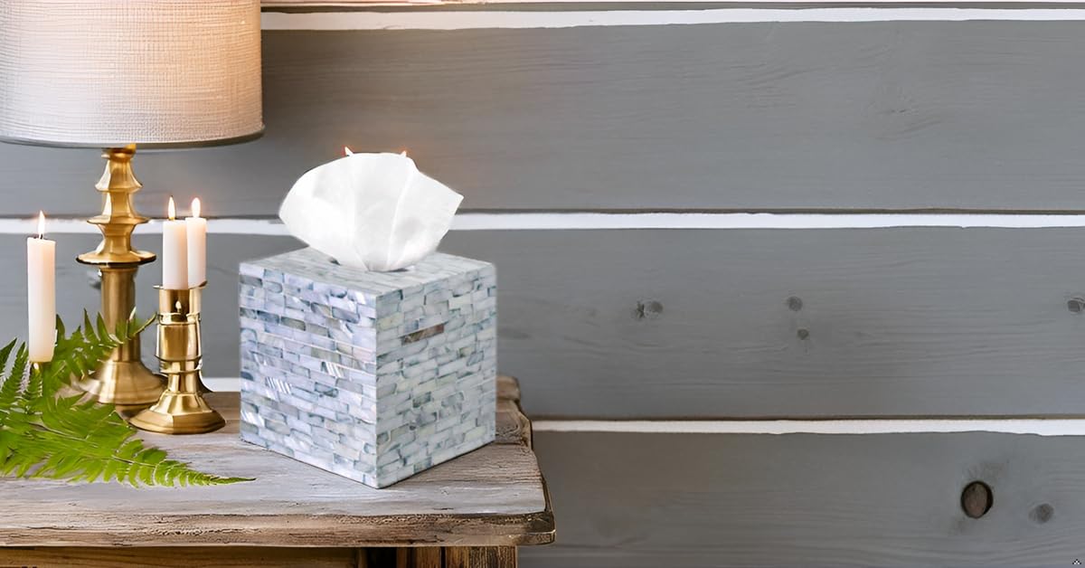 PEMAR Mother of Pearl Inlay Decorative Tissue Holder - Handcrafted Wooden Tissue Box Cover for Small Cube Tissue Boxes Only (Max Inner Size 4.7”) for Bathroom, Living Room & Office (Blue)