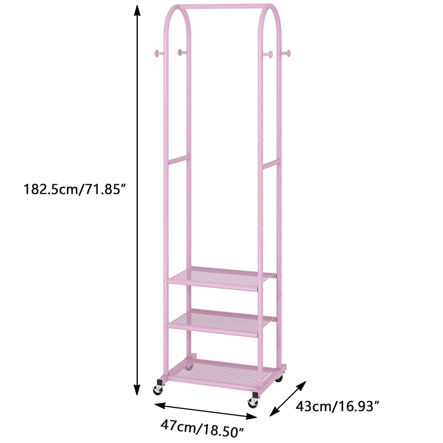 Kaitiemoo Heavy Duty Clothing Rack with Wheels,Modern Garment Rack with 3 Metal Shelves, 71.8Inches Display Rack for Hanging Clothes, Hanging Rod for Small Space,Pink