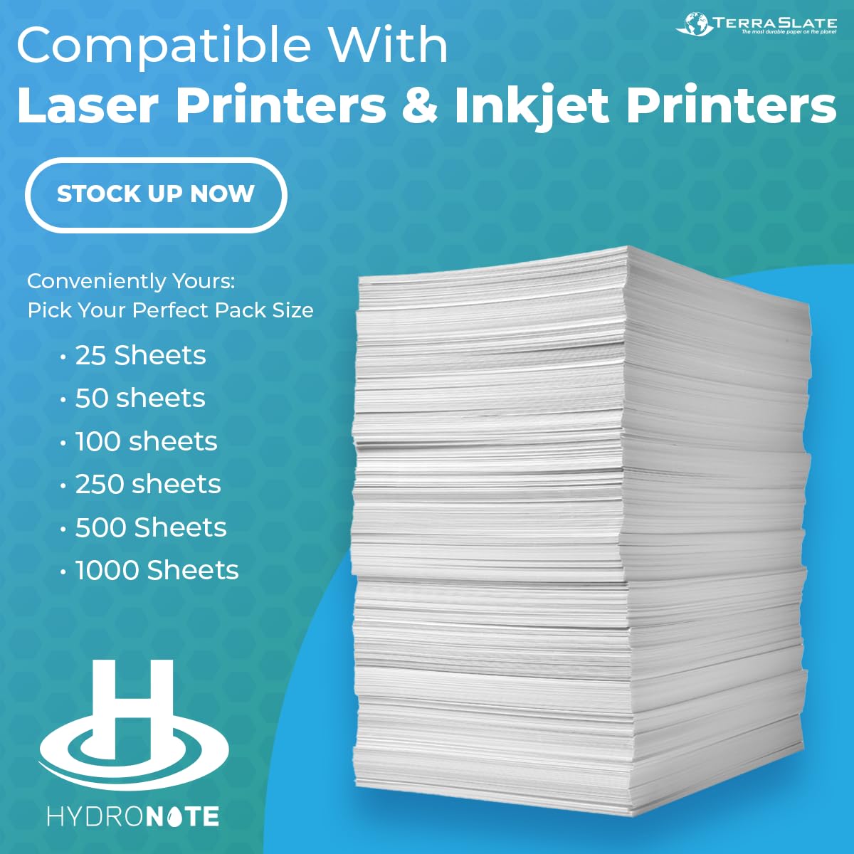 TerraSlate Waterproof Paper - Hydronote 54lb Multipurpose Copy Paper 8.5” x 11”, 100 Sheets, Inkjet Printer and Laser Printer Paper Compatible - Weather/Rain Proof, Durable, White Paper