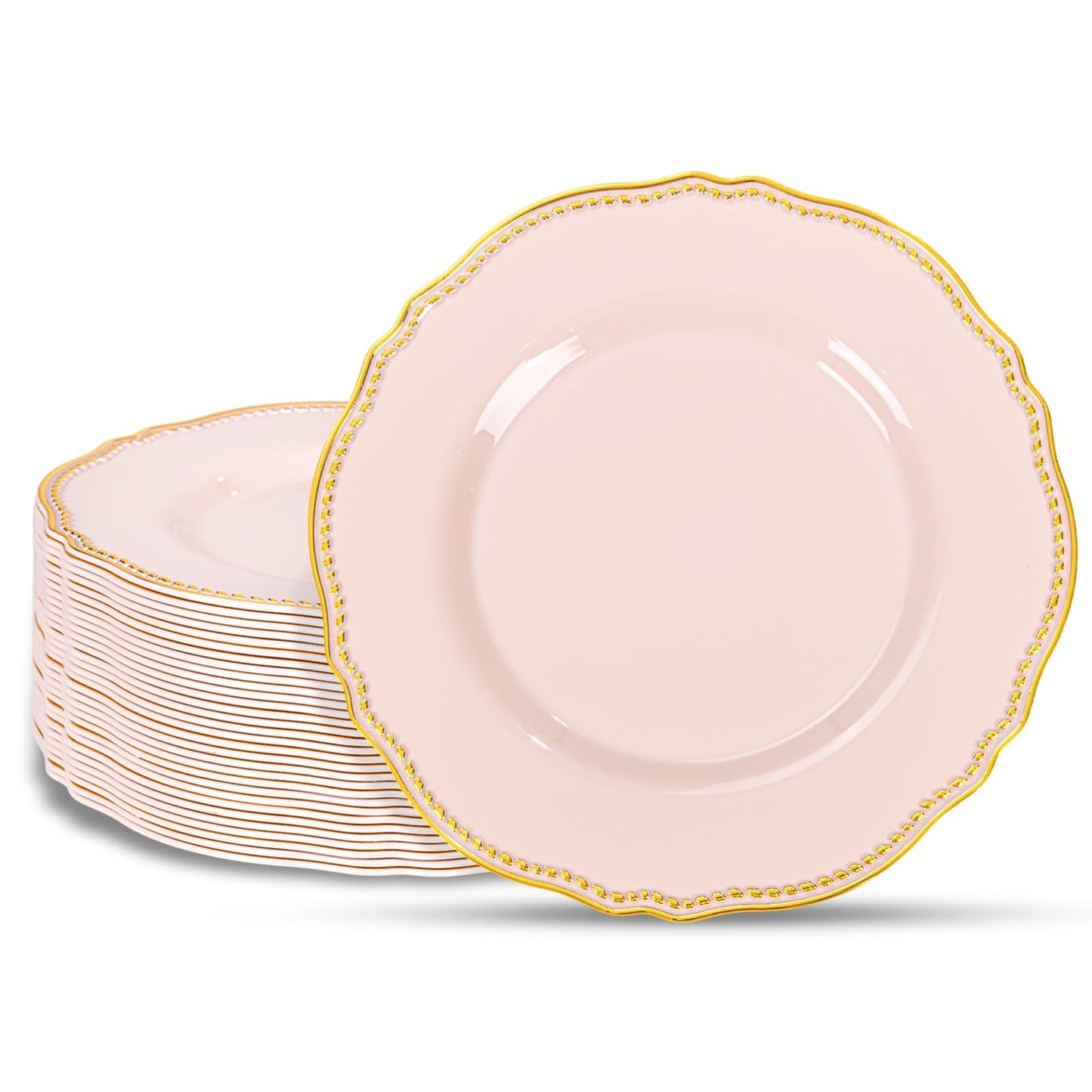 Hioasis 60pcs Pink Plastic Plates - Pink and Gold Disposable Dinnerware with Gold Rim, Heavy-duty, 10 inch, Dinner Plates for Party & Wedding