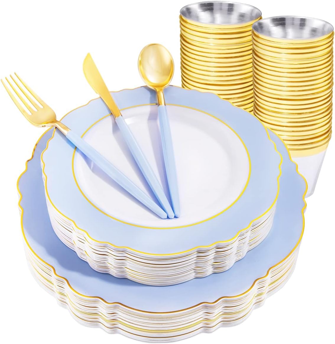 WDF 150pieces Baby Blue Plastic Plates with Gold Rim - Disposable Gold Plastic Silverware With Blue Handle-Baroque Light Blue&Gold Disposable Plates Dinnerware for Wedding/Party/Baby Shower