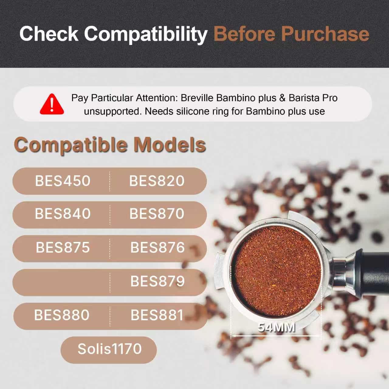 WhaleSiper 54mm Bottomless Portafilter with Puck Screen, Compatible with Breville BES870/880 & Solis etc., 3-Ear Stainless Head