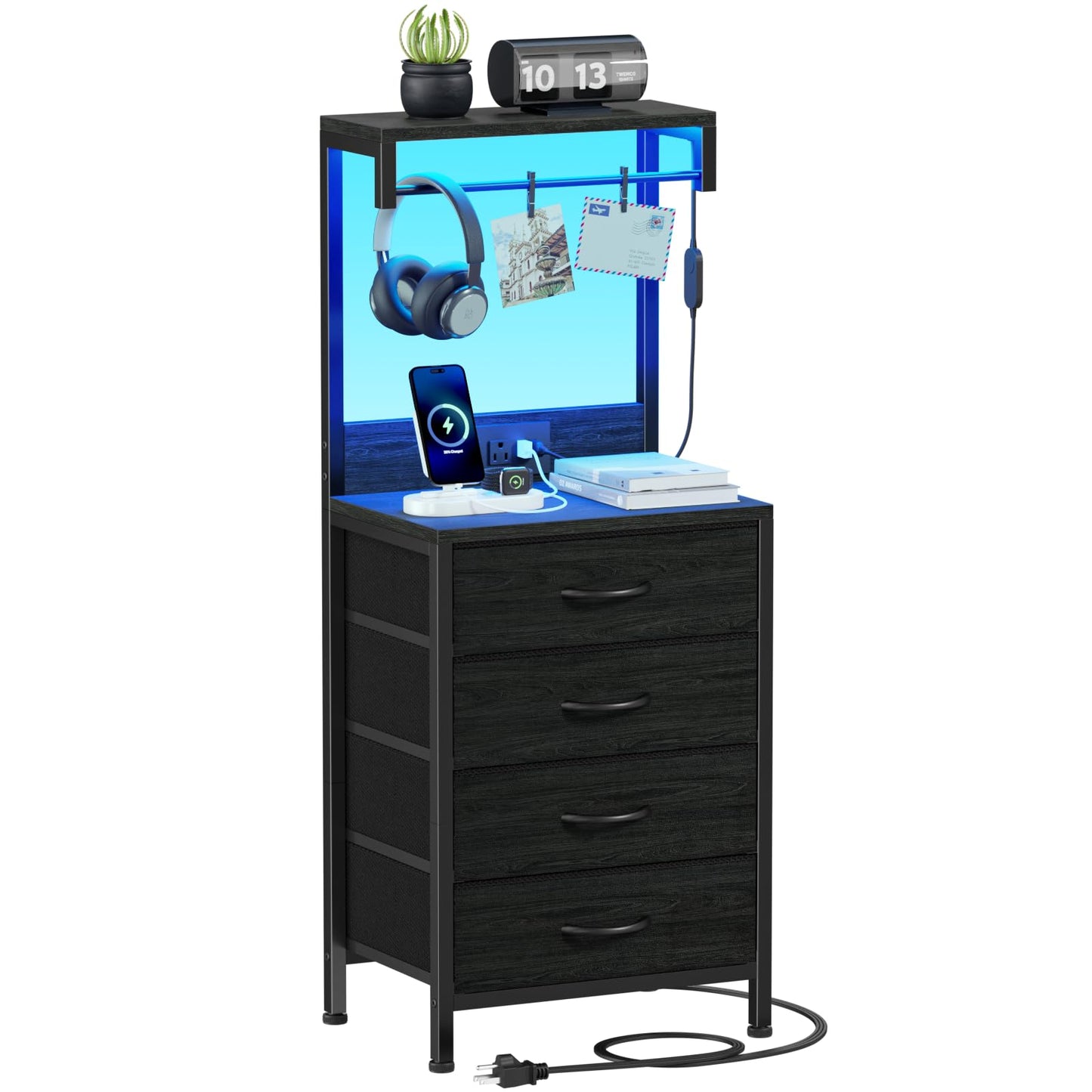 Furnulem Tall Nightstand with Charging Station, Night Stands with LED Lights and Storage Shelves, Bed Side Table for Bedroom, Hallway, Office, 4 Fabric Drawers (Black Oak)