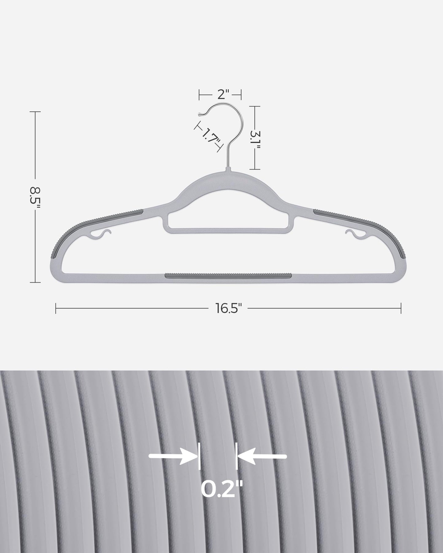 SONGMICS Pack of 50 Coat Hangers, Space-Saving Plastic Clothes Hangers, Non-Slip, 0.2 Inches Slim, 16.5 Inches Wide, 360° Swivel Silver Hook, Light Gray and Dark Gray UCRP20G50
