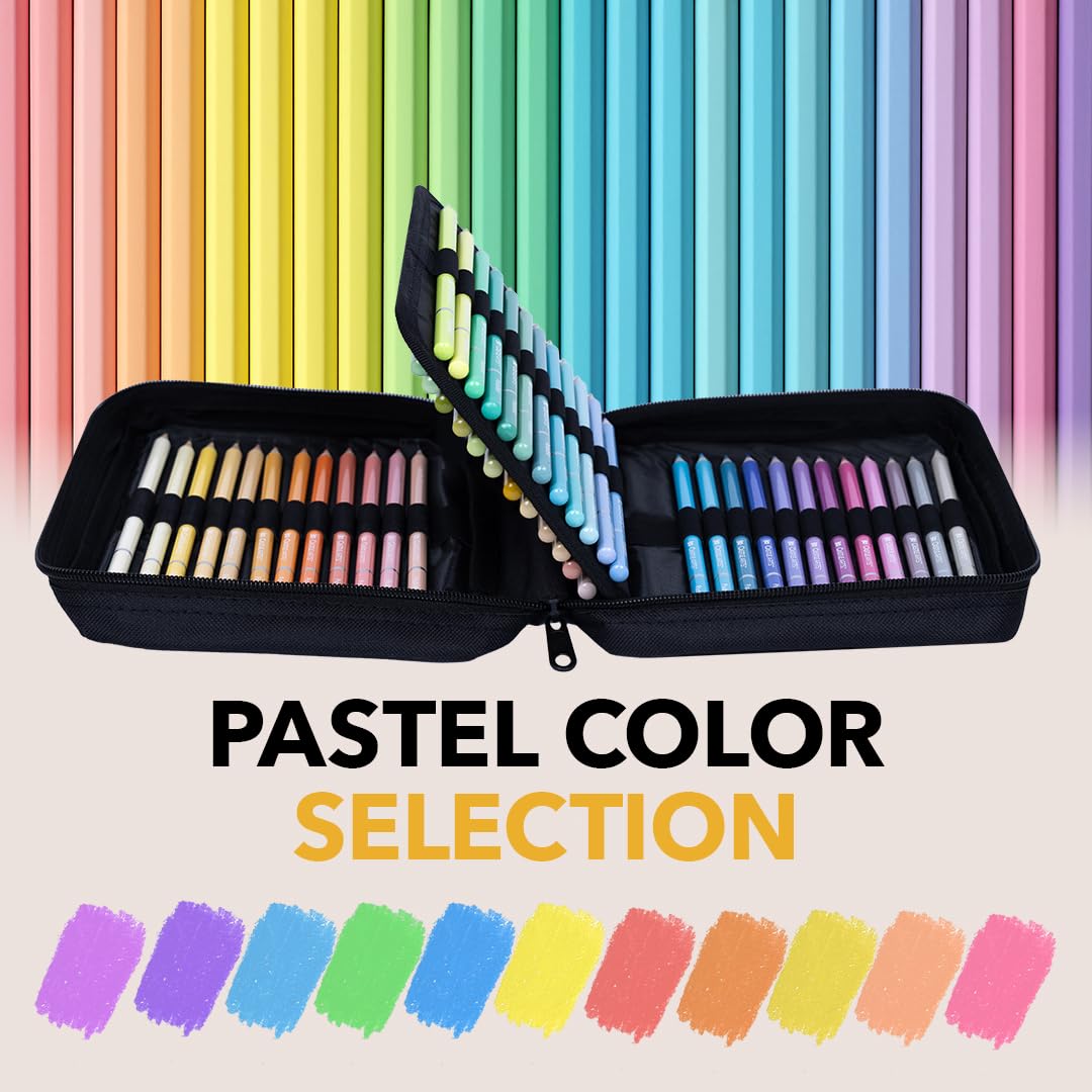 Castle Art Supplies 48 Pasteltint Coloured Pencils Set with Extras | Quality Colours in Softer, Sumptuous Tones | For Professional and Adult Artists | In Neat, Strong, Zipper Travel Case