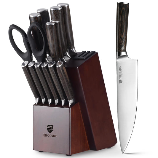 15 Piecs Knife Block Set: Ultra Sharp Kitchen Knife Set with Block and Sharpener, German Stainless Steel Professional Chef Knife Set with Ergonomic Handle, Full Tang Design